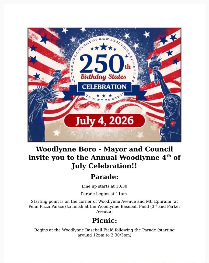 American flag background with the statue of Liberty on each side 250th birthday of the states Woodlynne Borough and Council Invite Woodlynne to the Annual Celebration parade line up at 1030 parade at 11 picnic to follow on the fields 12 - 230