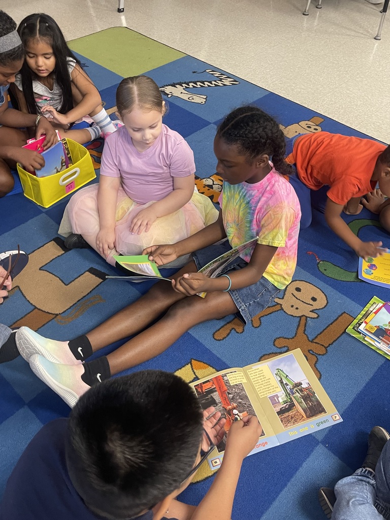 older students on a carpte reading to younger students