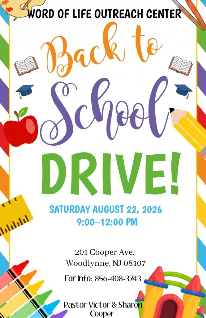 Back to School Drive offering school supplies August 22 9am til 12noon colorful flyer adorned with ruler, pencil and misc. school items
