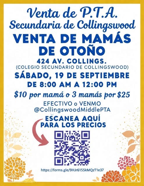 Collingswood secondary PTA Fall mum sale with QR code for payment 10 for one 3 for 25! spanish