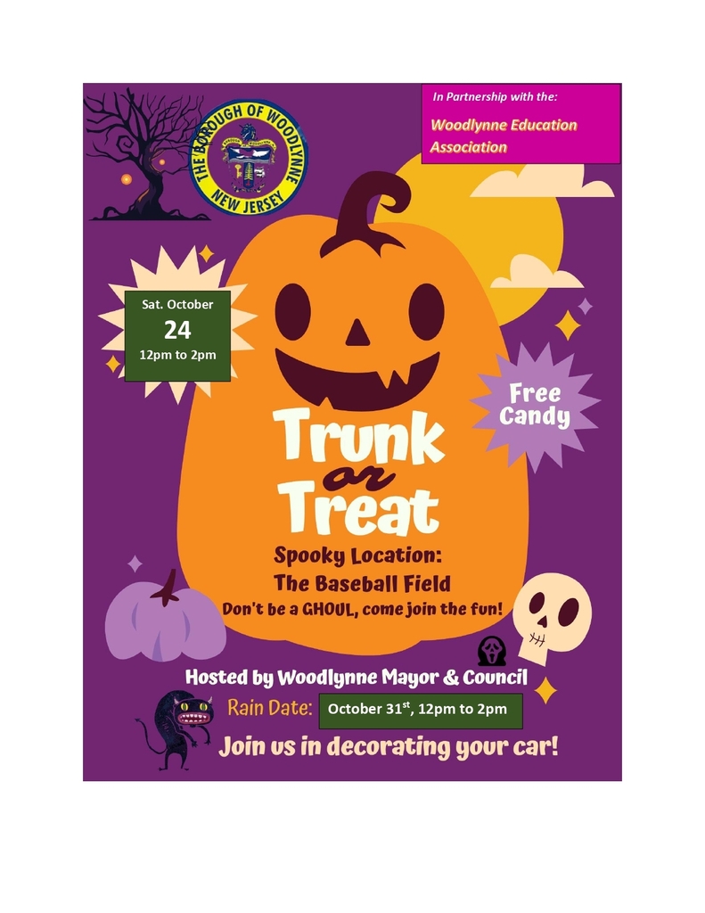 Trunk or Treat location baseball field October 31s 12pm-2pm on purple paper with pumpkin and skull