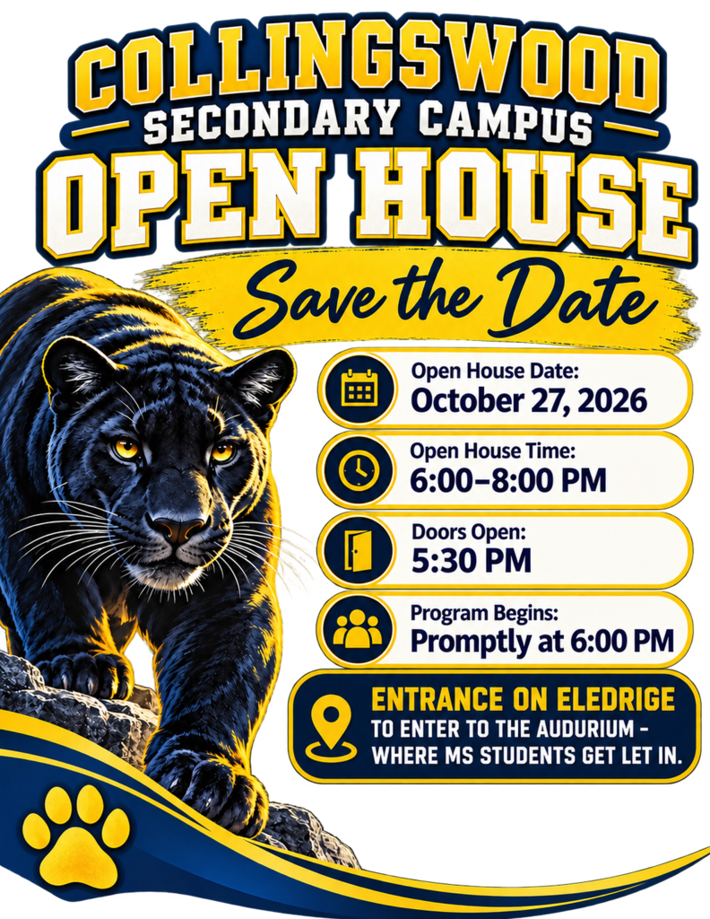 Collingswood Secondary Campus open House save the date oct 27 6-8pm doors open at 530pm entrance on eldridge ave
