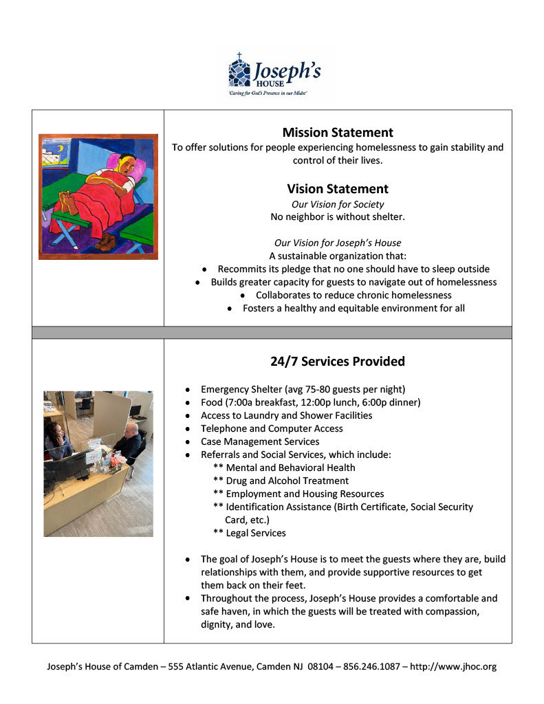 Joseph's house Mission Statement Vistion Statement and services provided for families experiencing homelessness