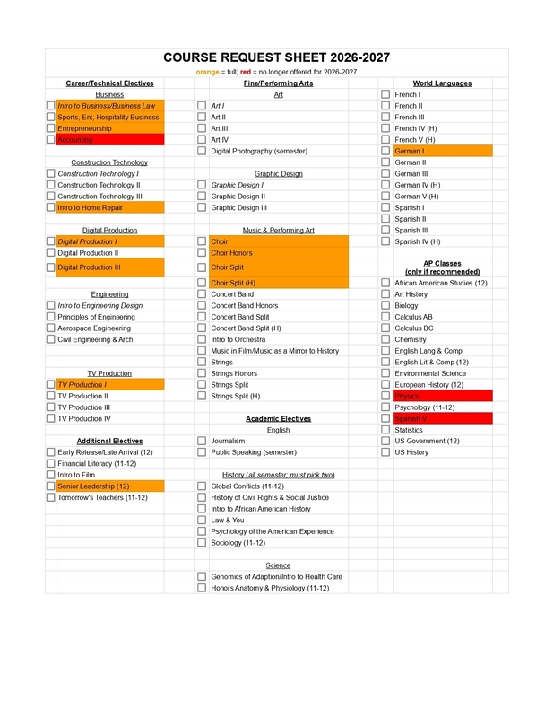 Course Request Sheet 2026-2027