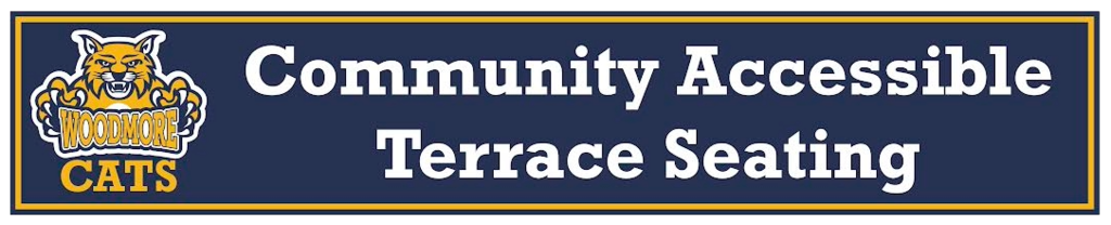 Wildcat logo holding the "Woodmore" sign with "CATS" underneath. CATS stands for Community Accessible Terrace Seating