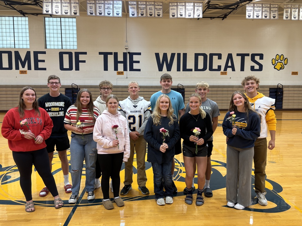 The 2025 Homecoming Court was announced today at the end of the school day. Two attendants from the Freshmen, Sophomore, and Junior classes were announced along with 3 boys and 3 girls from the Senior class are pictured standing in the middle of the gymnasium,