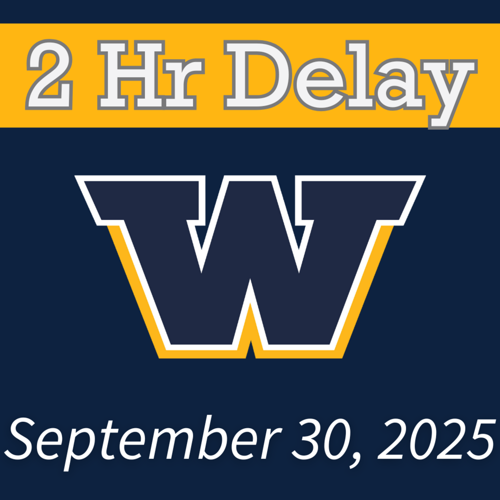 Blue background with the Woodmore W in the center. "2 Hr Delay" is across the top with "September 30. 2025" on the bottom.