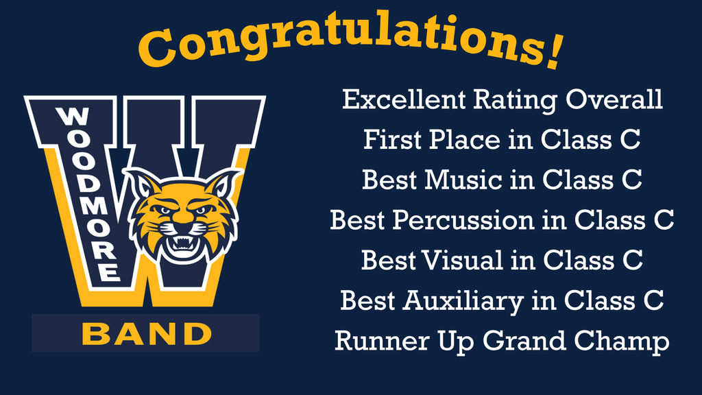 Blue background with gold writing "Congratulations!" in an arc across the top of the image. The Woodmore W with the Wildcat head and "BAND" underneath are on the left with the list of awards on the right in white writing.