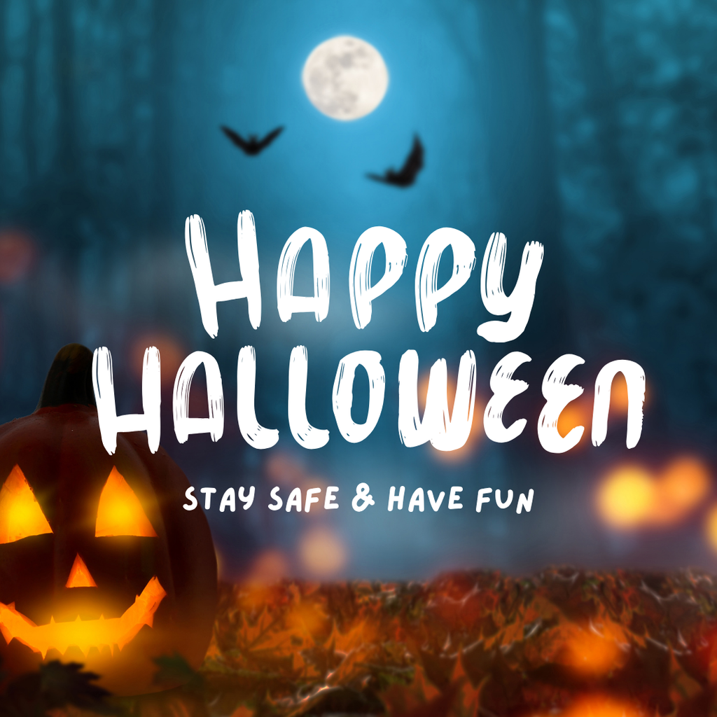 Nighttime scene with a dark blue sky, 2 bats and the moon at the top of the image, with leaves and a lit Jack-o-lantern at the bottom. In white writing in the middle of the image are the words "Happy Halloween. Stay safe and have fun."