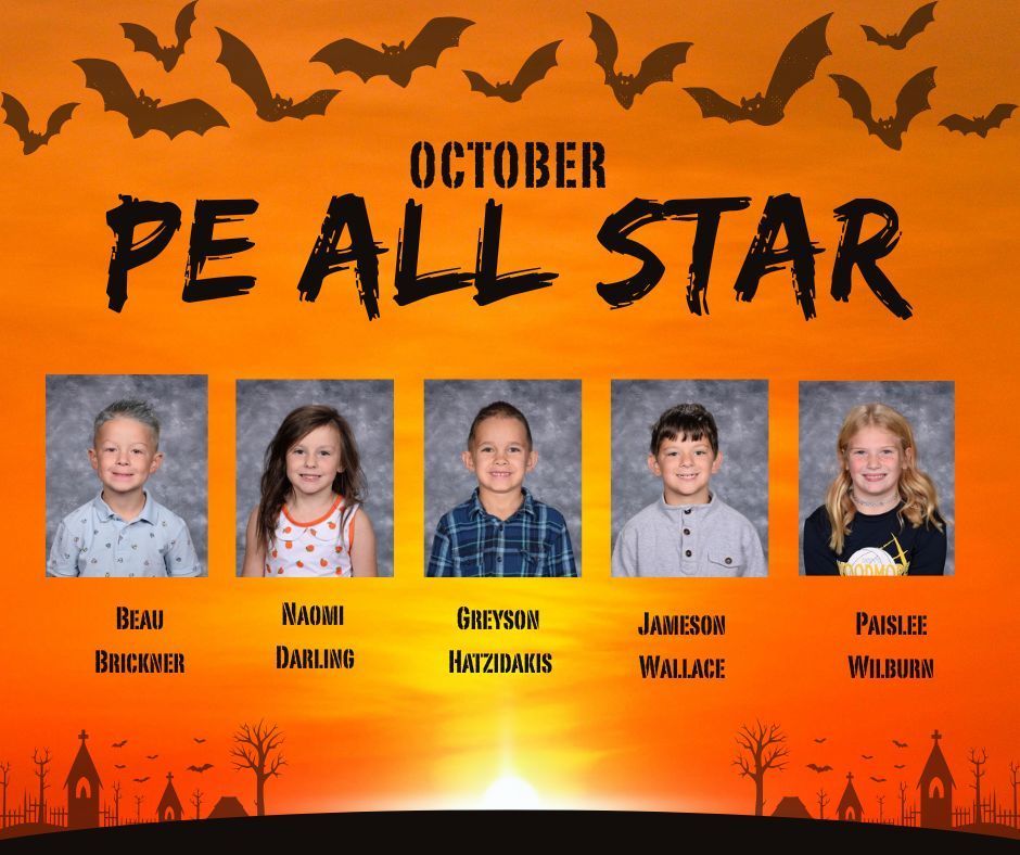 Orange background with black bats at the top of the image and a scene with a town at the bottom of the image (the town is in black, like they are in shadow). The five pictures of the PE All Stars are in the middle of the image.