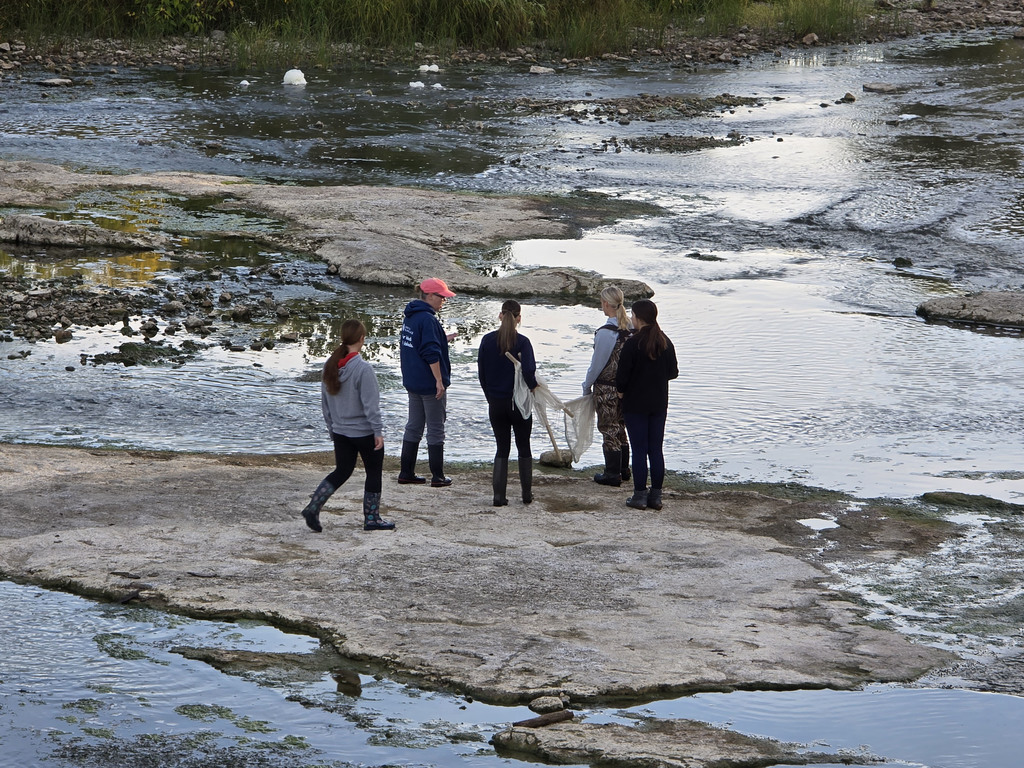 Students standing on a rocky bottom of the Portage River doing data collection