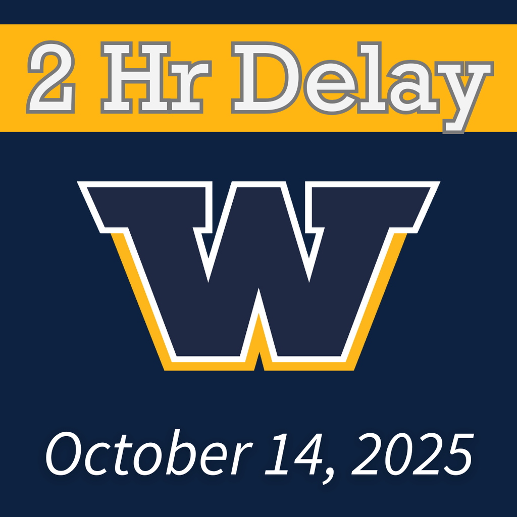 Blue background with the Woodmore W in the center. "2 Hr Delay" is across the top with "October 14. 2025" on the bottom.