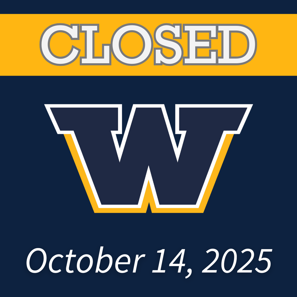 Blue background with Woodmore W in the middle. A yellow banner across the top has "CLOSED" in white letters, with "October 14, 2025" in white letters across the bottom.