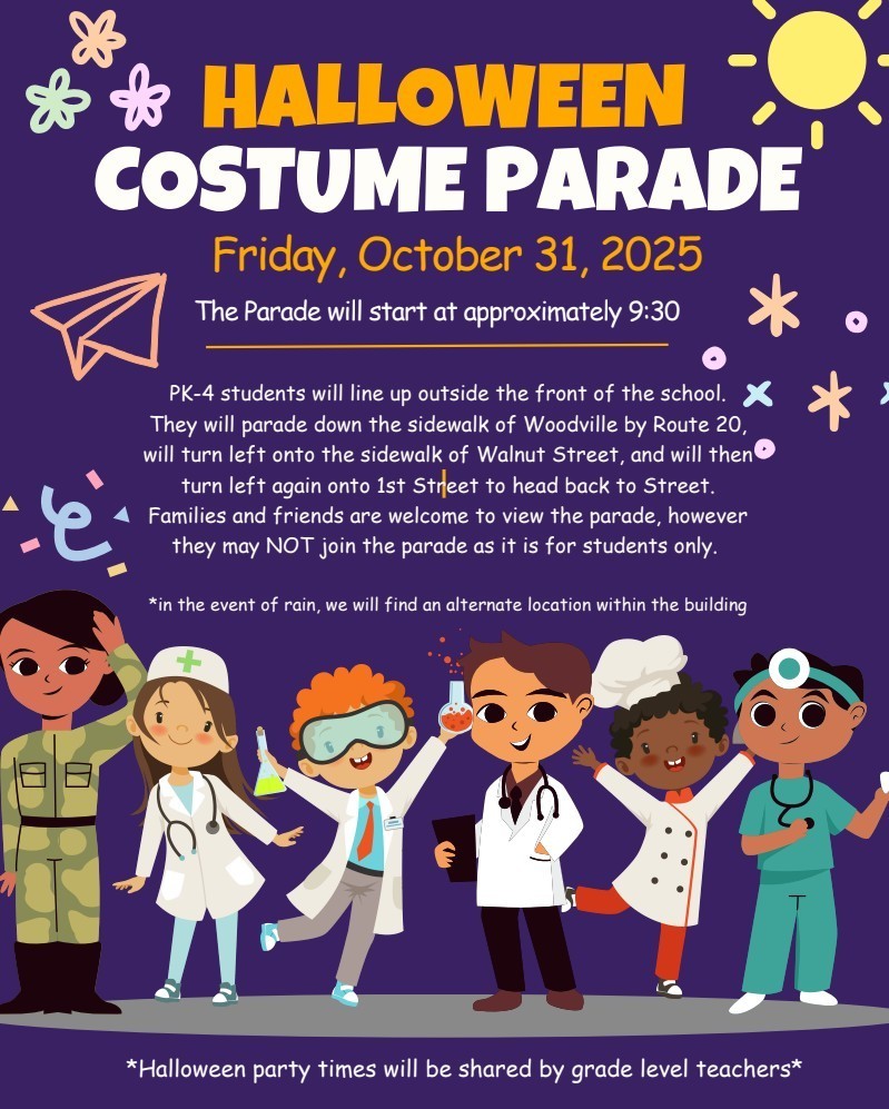 Purple background with cartoon children dressed up as different careers at the bottom of the image. Information about the Halloween Costume Parade is included. For route specific information, please contact the elementary school at 419-862-1070