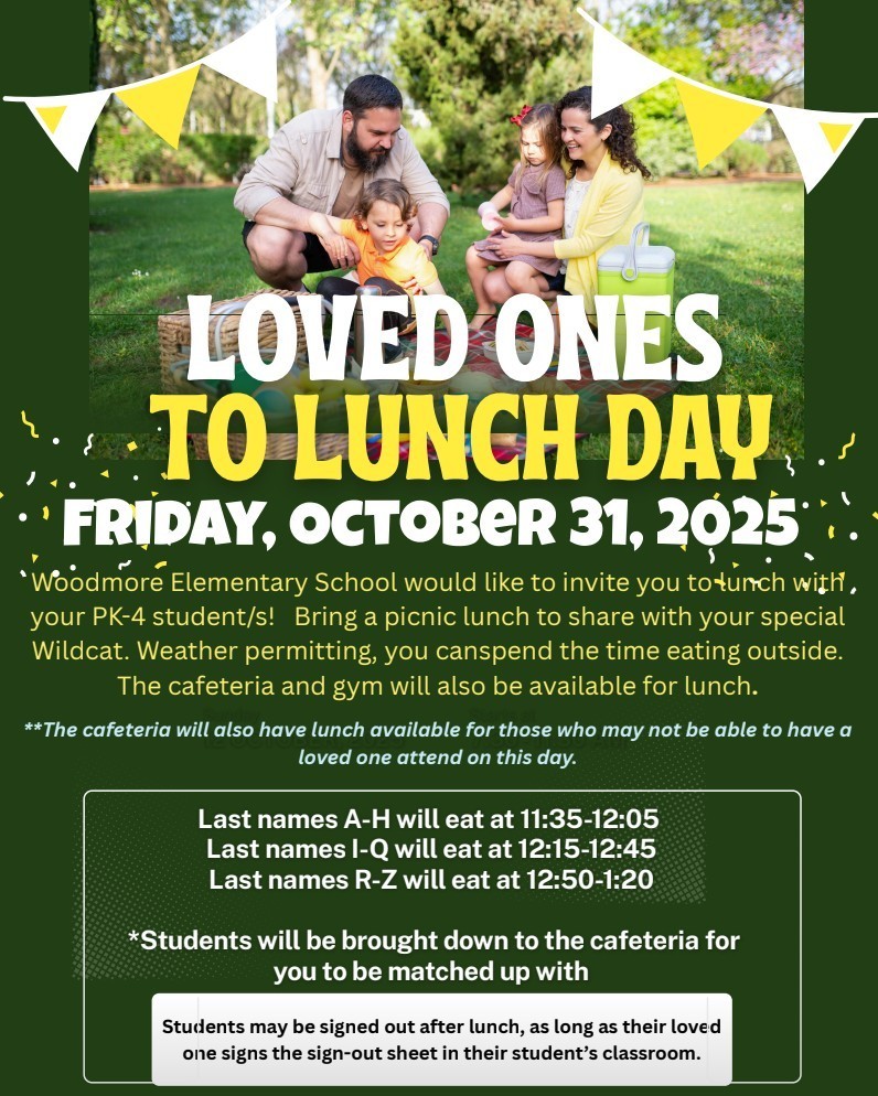 Green background with a family eating a picnic lunch at the top of the image, along with white and yellow banners. Information about Loved Ones to Lunch is included. For additional information, please contact the elementary school at 419-862-1070