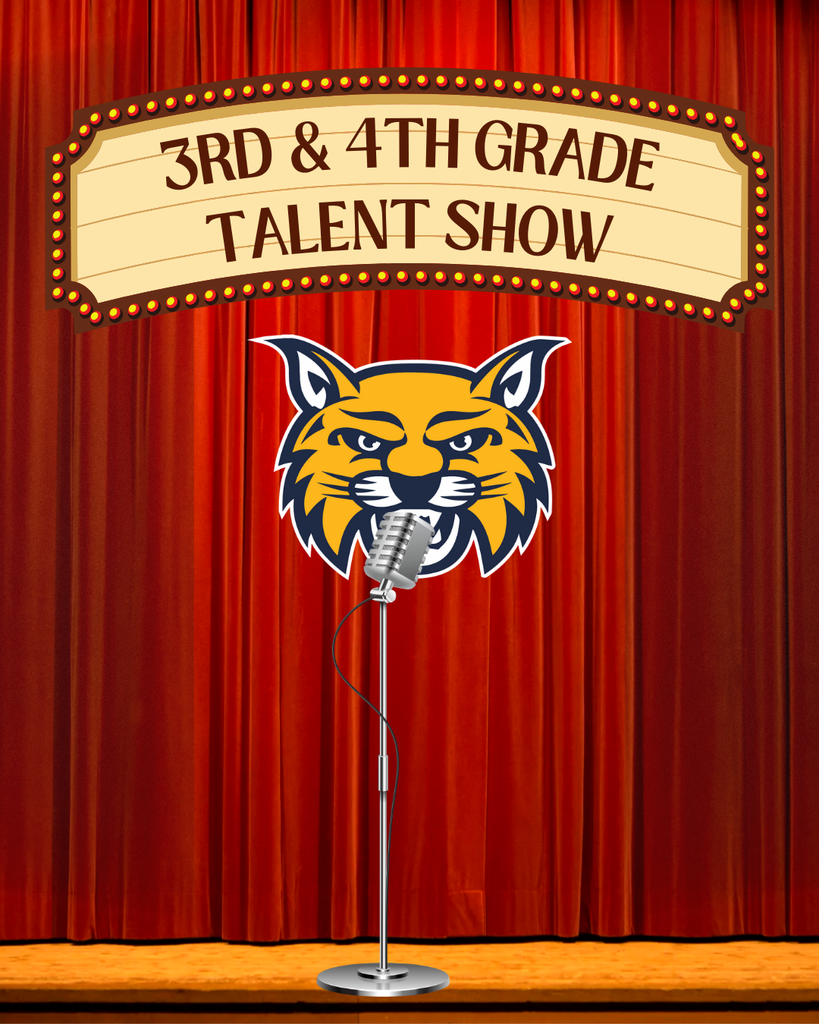 A stage with a red curtain in the background and a marquee above it that reads "3rd & 4th Grade Talent Show." Underneath is the Wildcat head singing/speaking into a microphone.