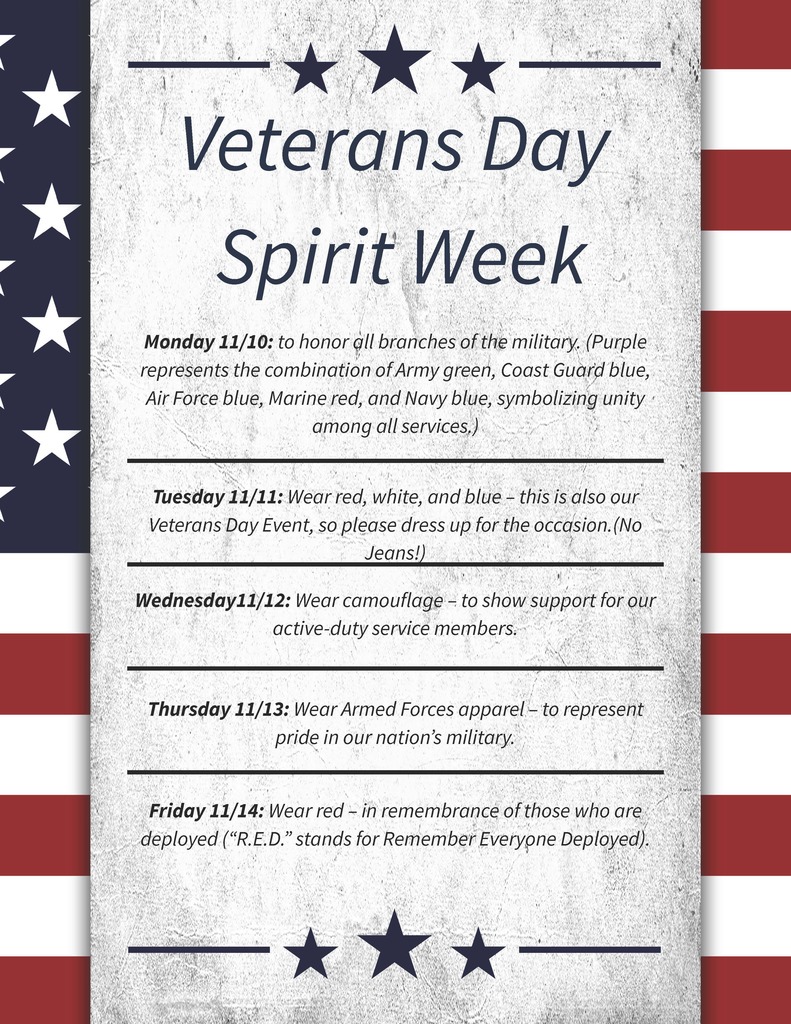 American flag as a background with a sheet of paper on top. In blue writing at the top it says "Veterans Day Spirit Week" with blue stars at the top and bottom of the paper. The text in the middle of the page is a description of each day's theme. This information is included in the post.