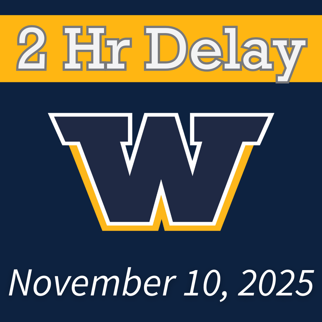 Blue background with yellow banner at the top with "2 Hour Delay" written in white letters. The large Woodmore "W" is in the center of the image and "November 10, 2025" is at the bottom.