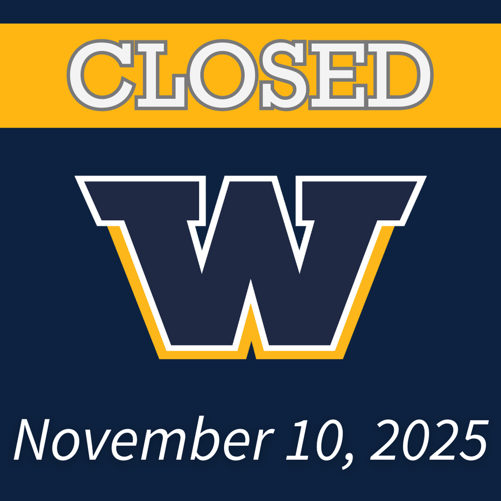 Blue background with yellow banner at the top with the word "Closed." The large Woodmore "W" is in the center of the image. "November 10, 2025" at the bottom in white letters.