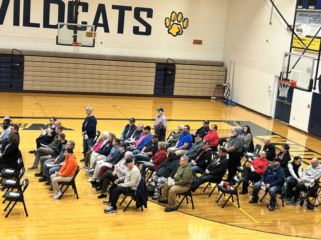 Veterans sit in chairs on the gym floor, watching the program. Some are standing because their branch's official song was being sung by the Symphonic Chorale at that moment.