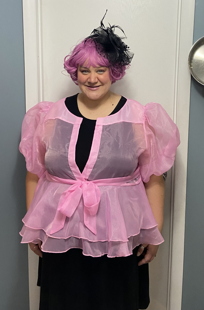 Mrs. Kistner dressed up as Effie Trinket for the "Reaping."