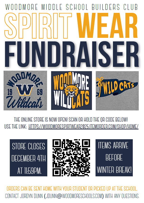 Informational flyer about the Builders Club Spirit Wear Sale. All information can be found in the post. 