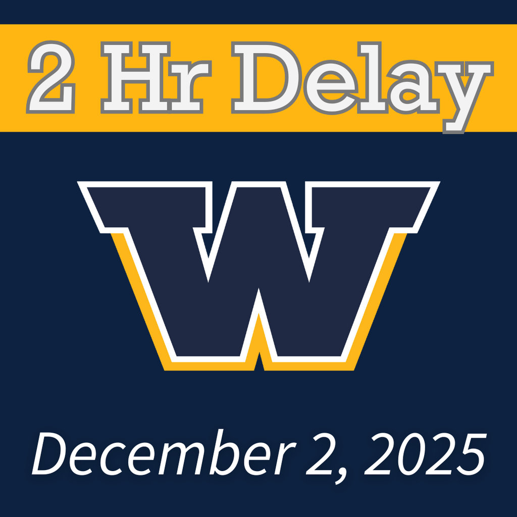 Blue background with a gold banner across the top that says "2 Hr Delay" in white letters. The Woodmore W is in the middle with "December 2, 2025" at the bottom in white.