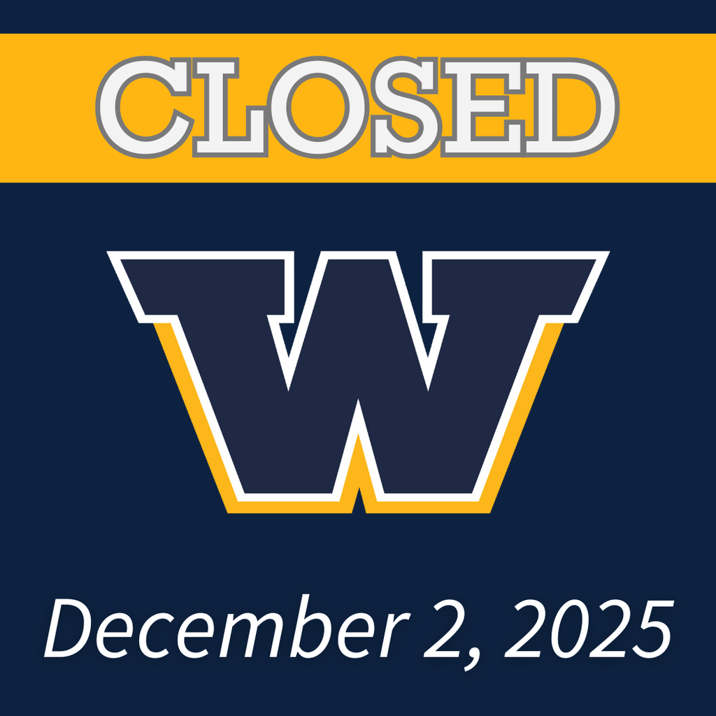 Blue background with a gold banner across the top that says "CLOSED" in white letters. The Woodmore W is in the middle with "December 2, 2025" at the bottom in white.