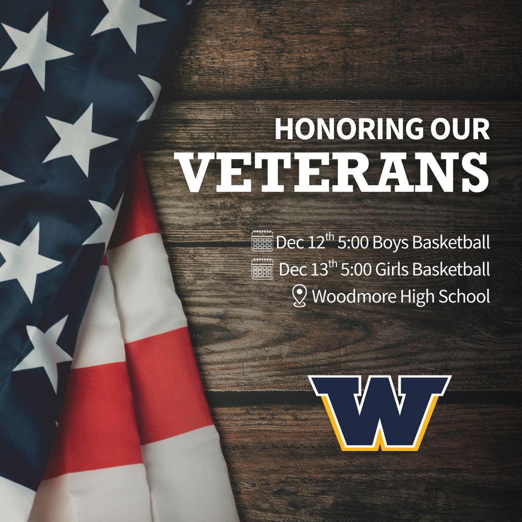 Wood background with an American flag draped on the left side. In white lettering on the right are the words "Honoring Our Veterans" Underneath it are the dates and times "December 12th 5:00 Boys Basketball and December 13th 5:00 Girls Basketball at Woodmore High School." The Woodmore W is underneath.