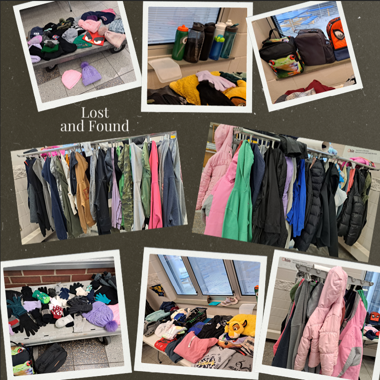 Pictures of the lost and found items at the PK8 building - including sweatshirts, coats, hats, gloves, lunch boxes, and more!