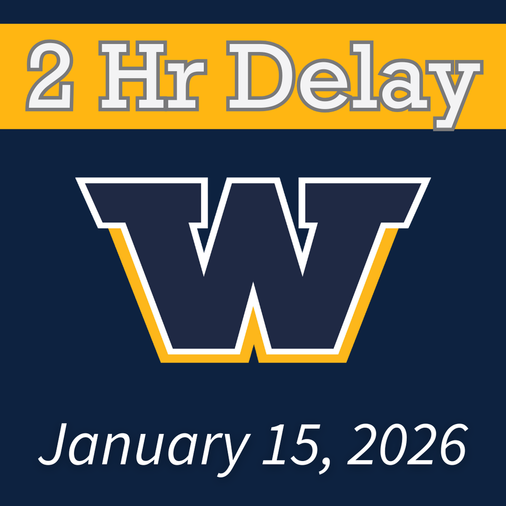 Blue background with a gold banner across the top that says "2 Hr Delay" in white letters. The Woodmore W is in the middle with "January 15, 2026" at the bottom in white.