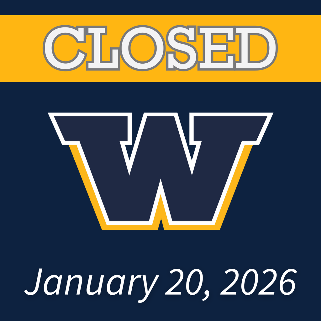 Blue background with a gold banner across the top that says "CLOSED" in white letters. The Woodmore W is in the middle with "January 20, 2026" at the bottom in white.