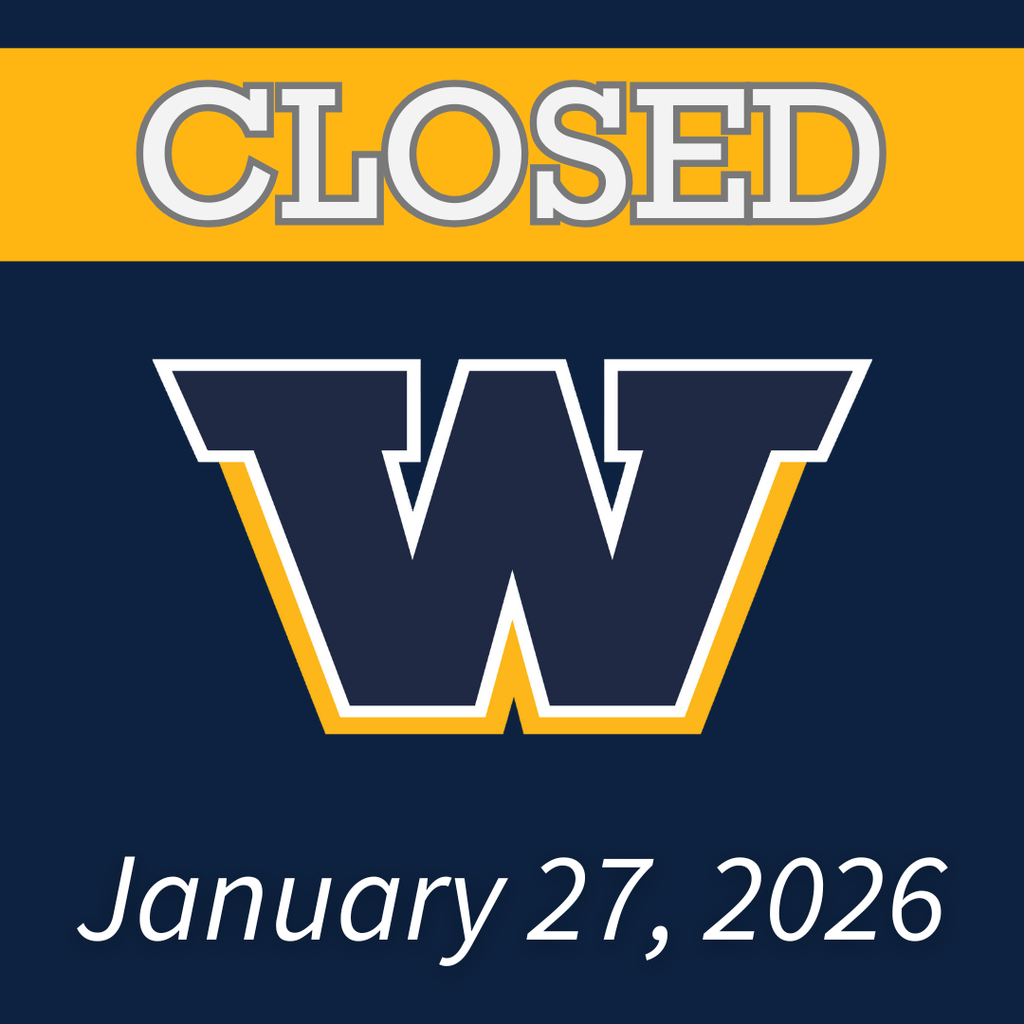 Blue background with a gold banner across the top that says "CLOSED" in white letters. The Woodmore W is in the middle with "January 27, 2026" at the bottom in white.