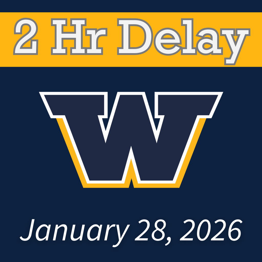 Blue background with a gold banner across the top that says "2 Hr Delay" in white letters. The Woodmore W is in the middle with "January 28, 2026" at the bottom in white.