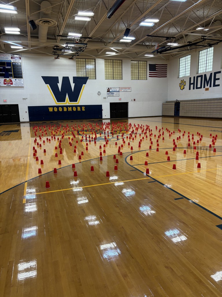 The gym is setup for the start of the games! There are hundreds of red solo cups on upside down, spread out across the floor.
