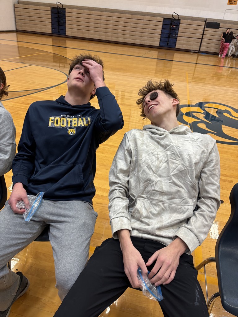 Two students are sitting in chairs on the gym floor trying to work Oreos across their face in a game!