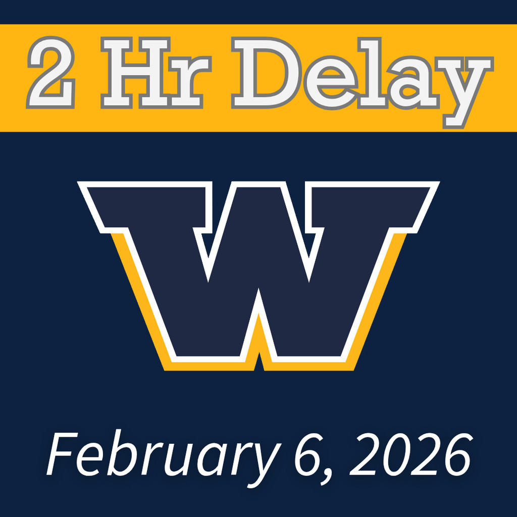 Blue background with gold banner across top that reads "2 Hour Delay" The Woodmore W is in the middle with "February 6, 2026" across the bottom