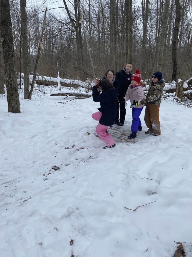 Sixth grade students participate in a team building and problem solving exercise outside. There are four students standing on a platform and one attempting to swing to another side (out of frame) on a rope.