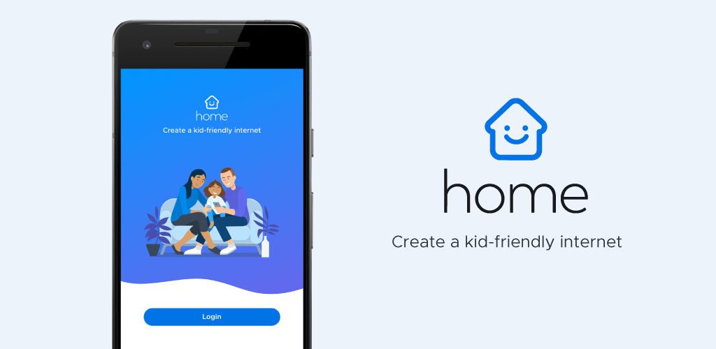 Graphic with a smart phone and scene on the left depicting a child with two adults on a couch looking at a phone. The Securly Home logo is on the right with "home" and "Create a kid-friendly internet" underneath.