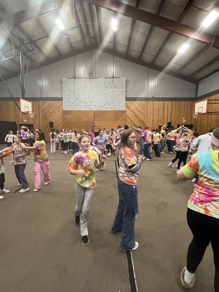 Students are running around the gymnasium all dressed in the shirts that they tie dyed earlier in the week. They are all learning to square dance.
