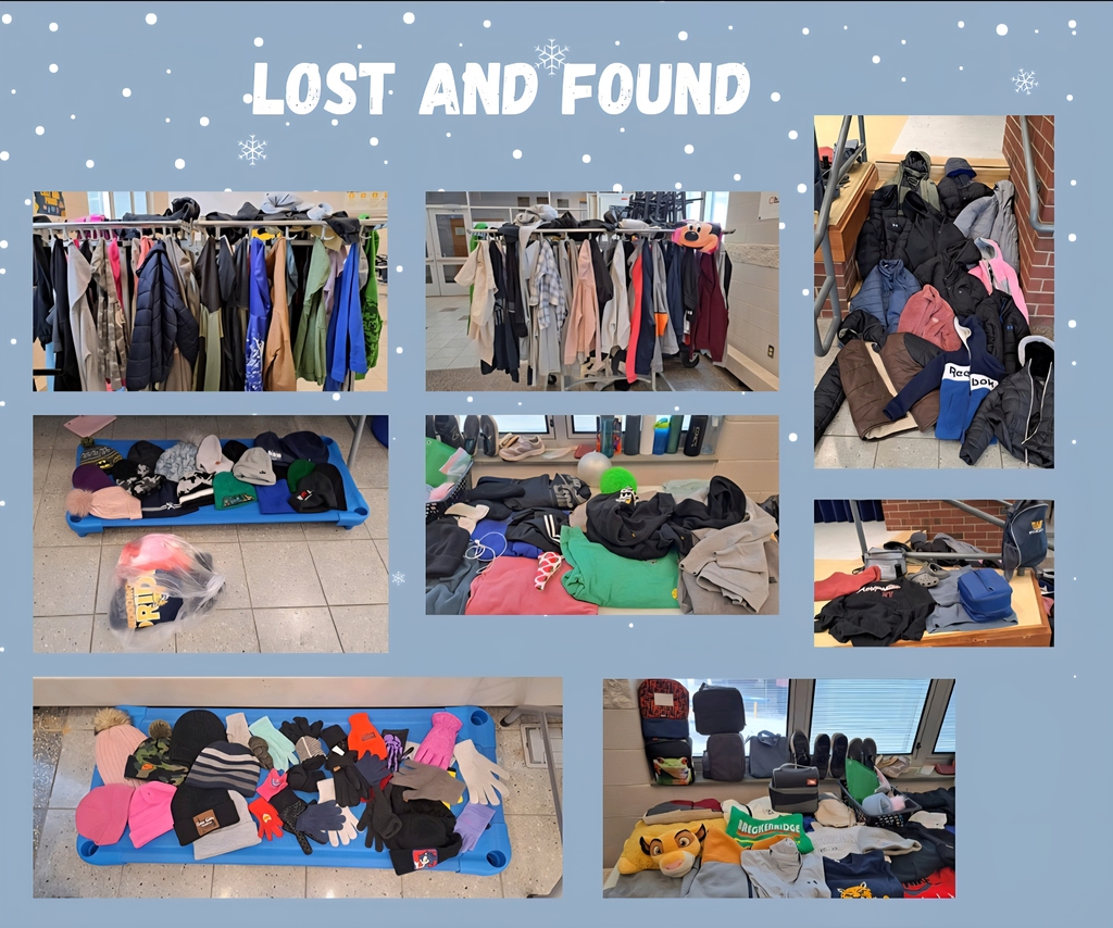 Blue background with snowflakes at the top and pictures of items in the lost and found.