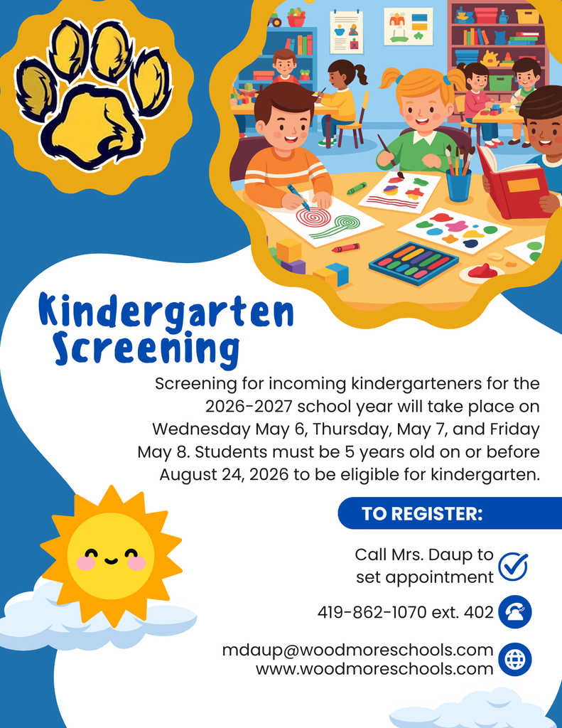 White background with images of children in the upper right corner. A Woodmore Wildcat paw is in the top left. Kindergarten screening information for the upcoming school year is on the image. All information is contained on the website linked in the post.