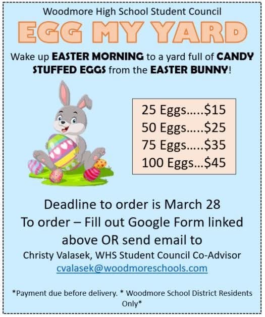 Pale blue background with information about Egg My Yard. All information is contained in the post. There is a bunny holding a multi-colored decorated egg and also surrounded by multi-colored eggs. 