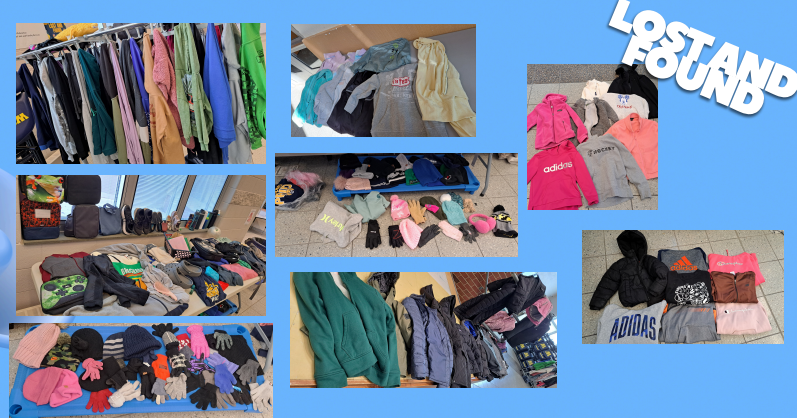 A blue background with 8 pictures of items in that are in the lost and found. There are many coats, sweatshirts, hats, gloves, water bottles, and lunch boxes!