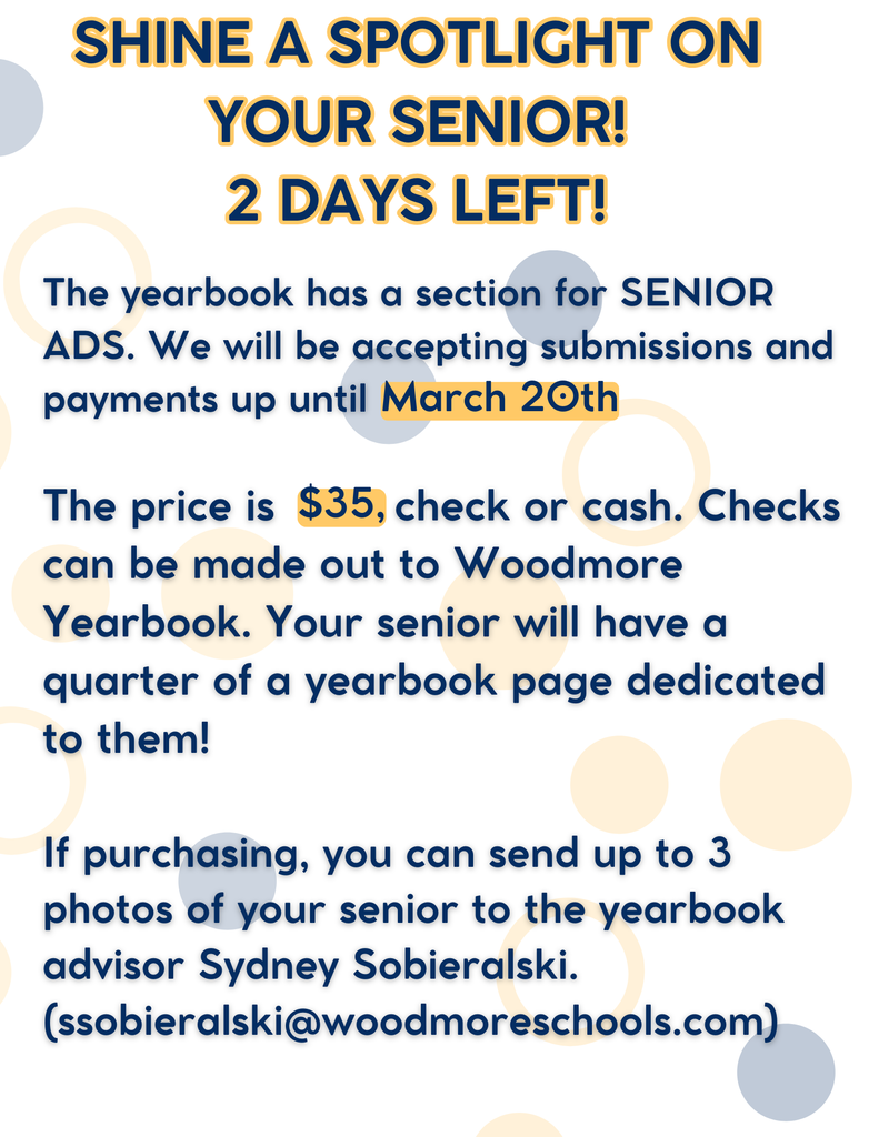 White background with blue and gold semi-transparent circles behind the text. The top says "Shine a spotlight on your senior! Two days left!" All text on the image is contained in the post.