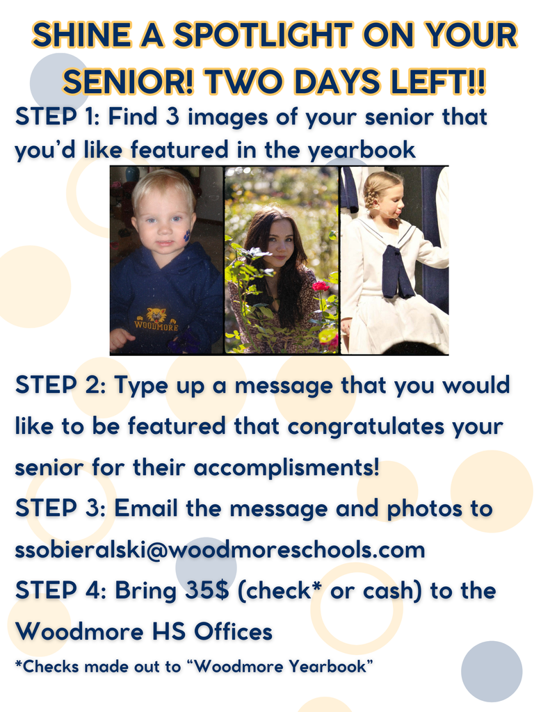 White background with blue and gold semi-transparent circles behind the text. The top says "Shine a spotlight on your senior! Two days left!" All text on the image is contained in the post. There are also three images of a senior, two when they're younger, one when they're older, to show what the images will look like in the yearbook.
