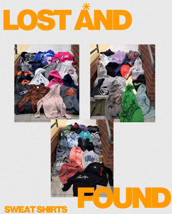 Gray background with three images of a variety of sweatshirts laid out on the steps to the stage. In gold letters across the top and bottom it says "lost and found sweatshirts"