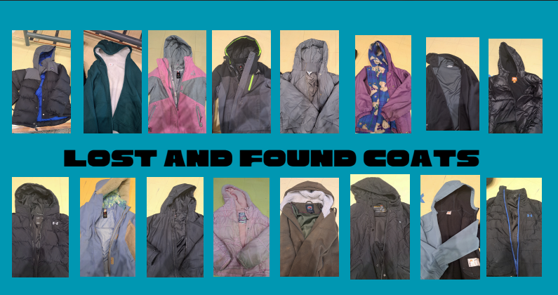 Blue background with images of coats across the top and bottom. "Lost and found coats" in black lettering is in the middle of the images.