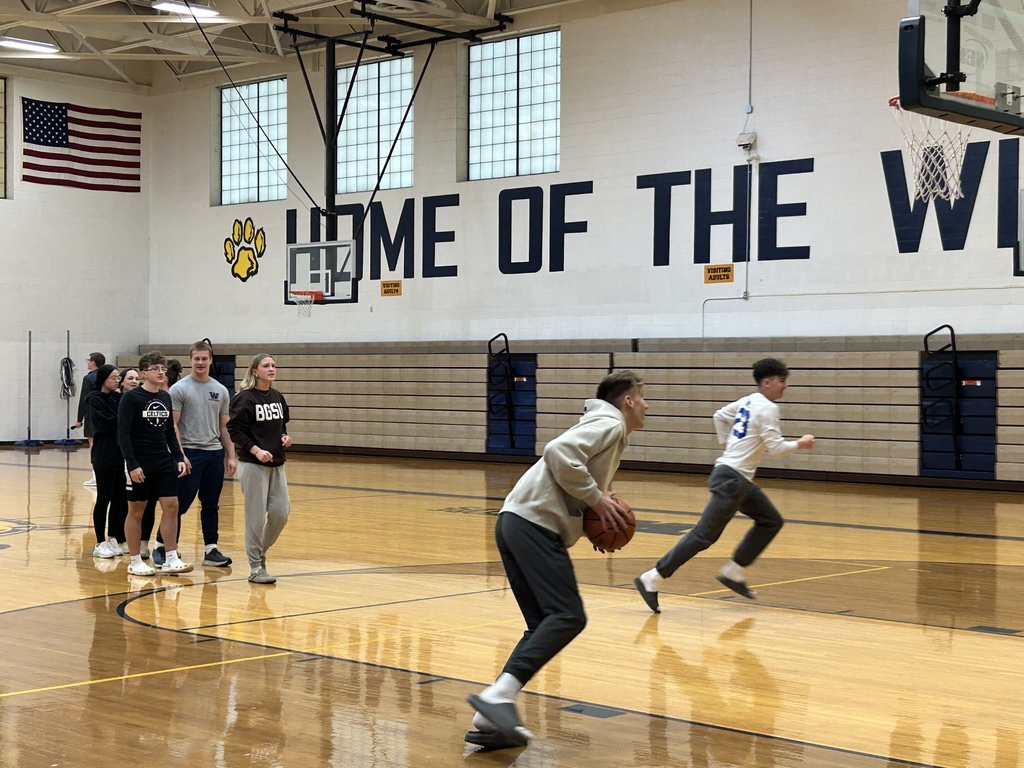 A line of students is waiting on the foul line for their chance. One student is running off to get their ball after completing their shot, another student has a basketball and is leaning forward. It looks like he is about to jump up for a shot.