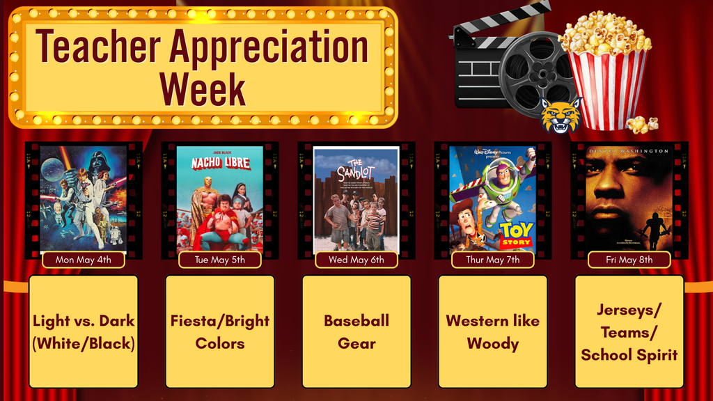 Red background with curtains on the left and the right. A marquee at the top reads "Teacher Appreciation Week." The PK-8 theme is movies and there are five movie titles along with themes to dress up.